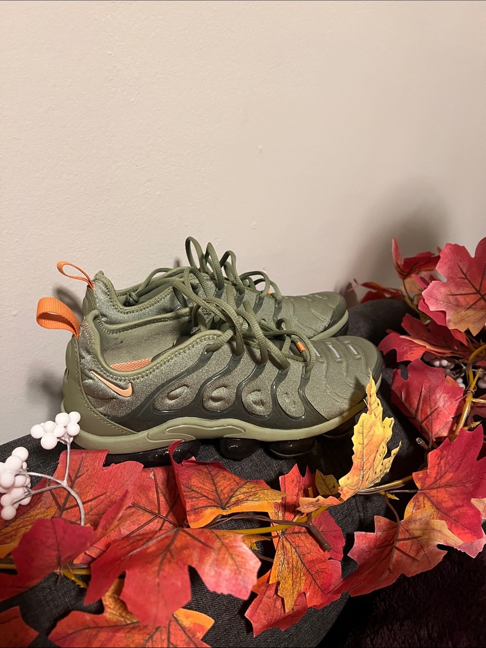Nike Kids Olive Green Sneakers with Orange Accents